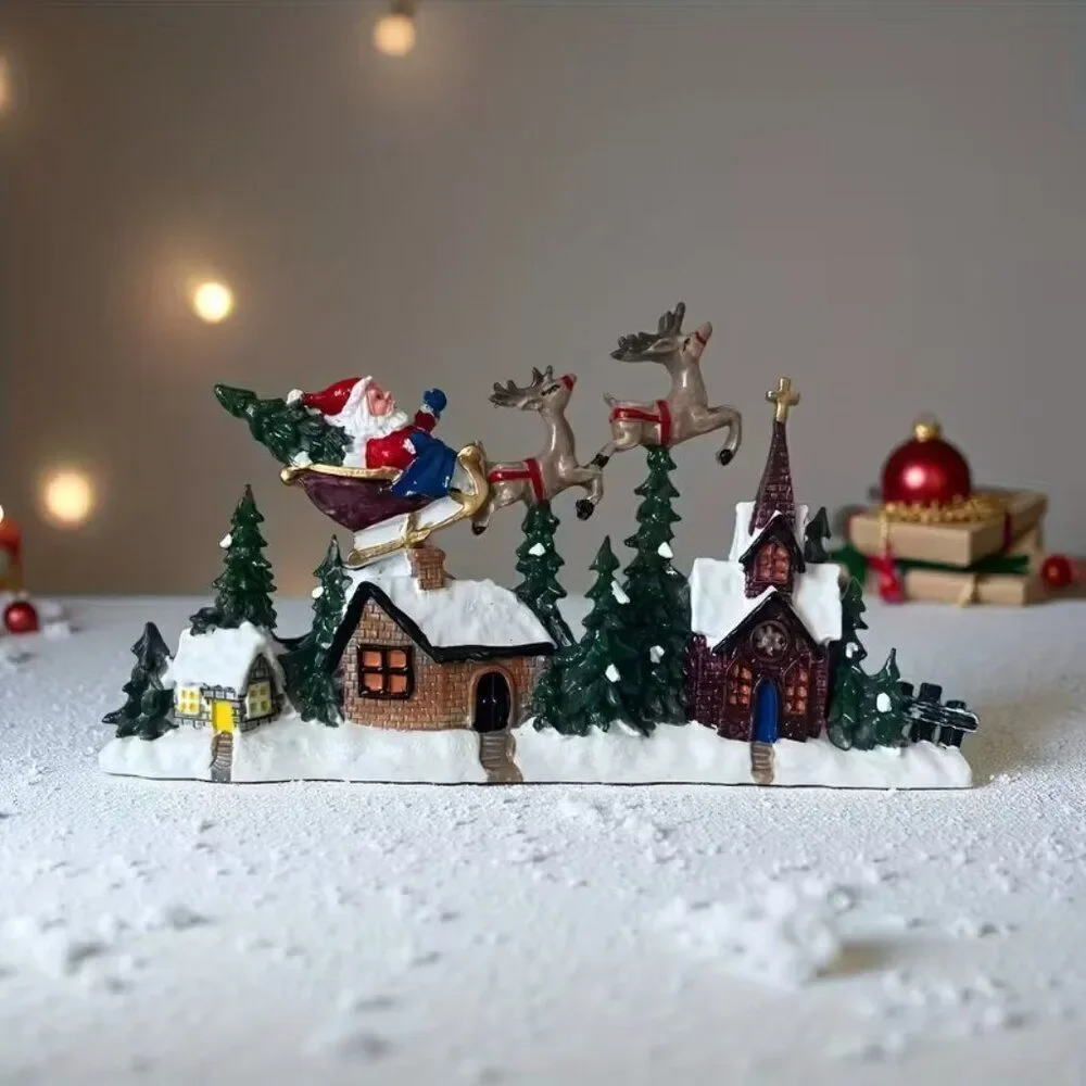 Santa w Sleigh & Reindeer over Church Resin Holiday Tabletop Decor, 3.4